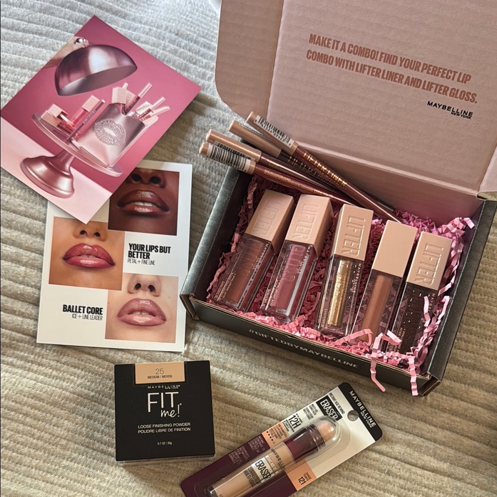 Maybelline Lip Gloss + Liner + Concealer + Finishing Powder Combo Bundle